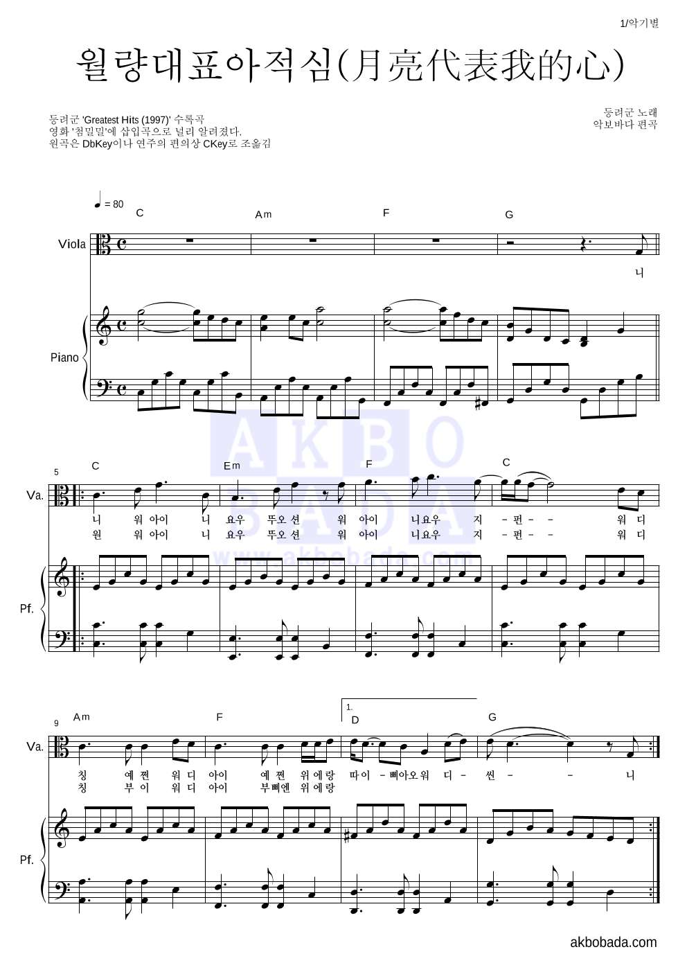 등려군(鄧麗筠) - 월량대표아적심 (月亮代表我的心) 비올라&피아노 악보 