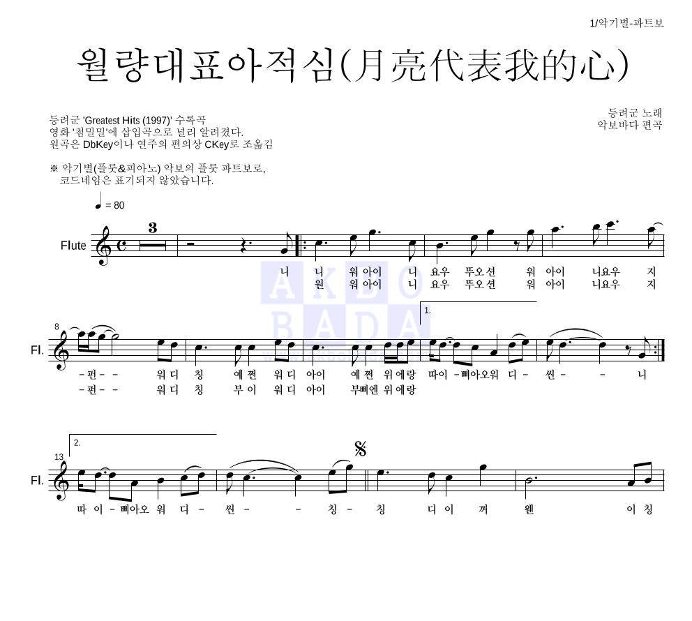 등려군(鄧麗筠) - 월량대표아적심 (月亮代表我的心) 플룻 파트보 악보 