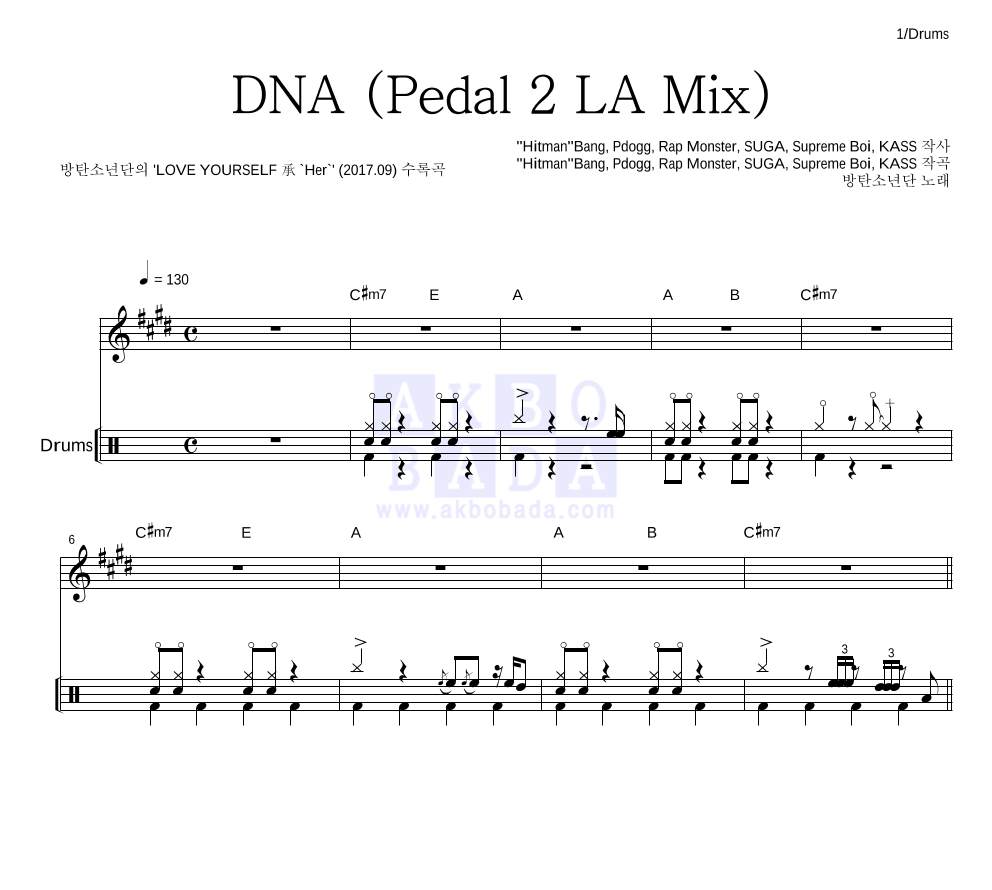 방탄소년단 - DNA (Pedal 2 LA Mix) 드럼 악보 