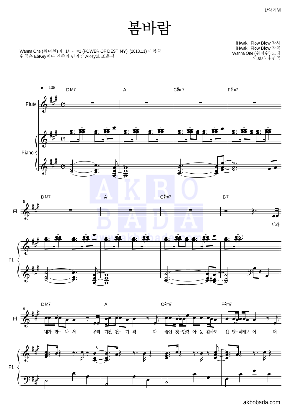 워너원 - 봄바람 플룻&피아노 악보 