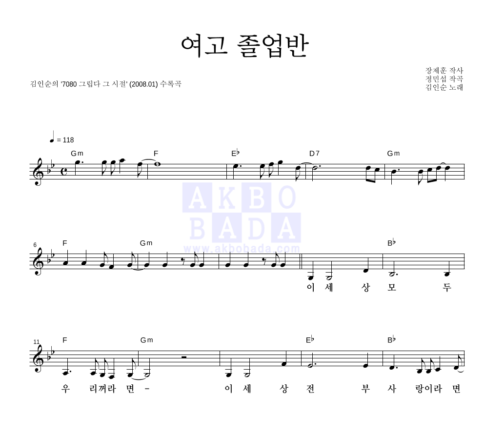 김인순 - 여고 졸업반 멜로디 악보 