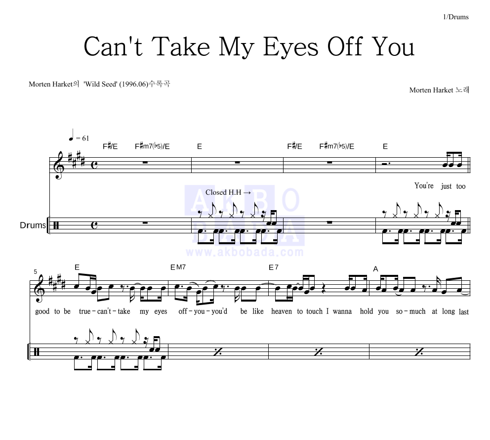 Morten Harket - Can't Take My Eyes Off You 드럼 악보 