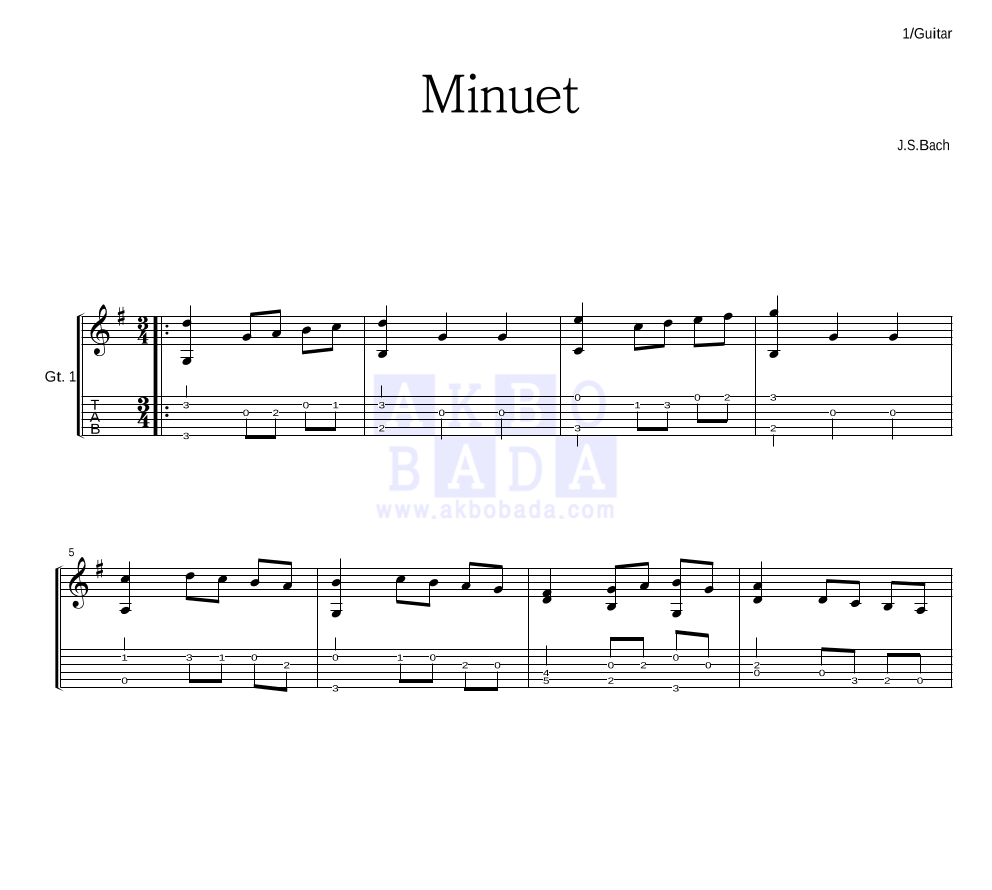 바흐 - Minuet in G major (두 개의 미뉴에트) 기타 악보 