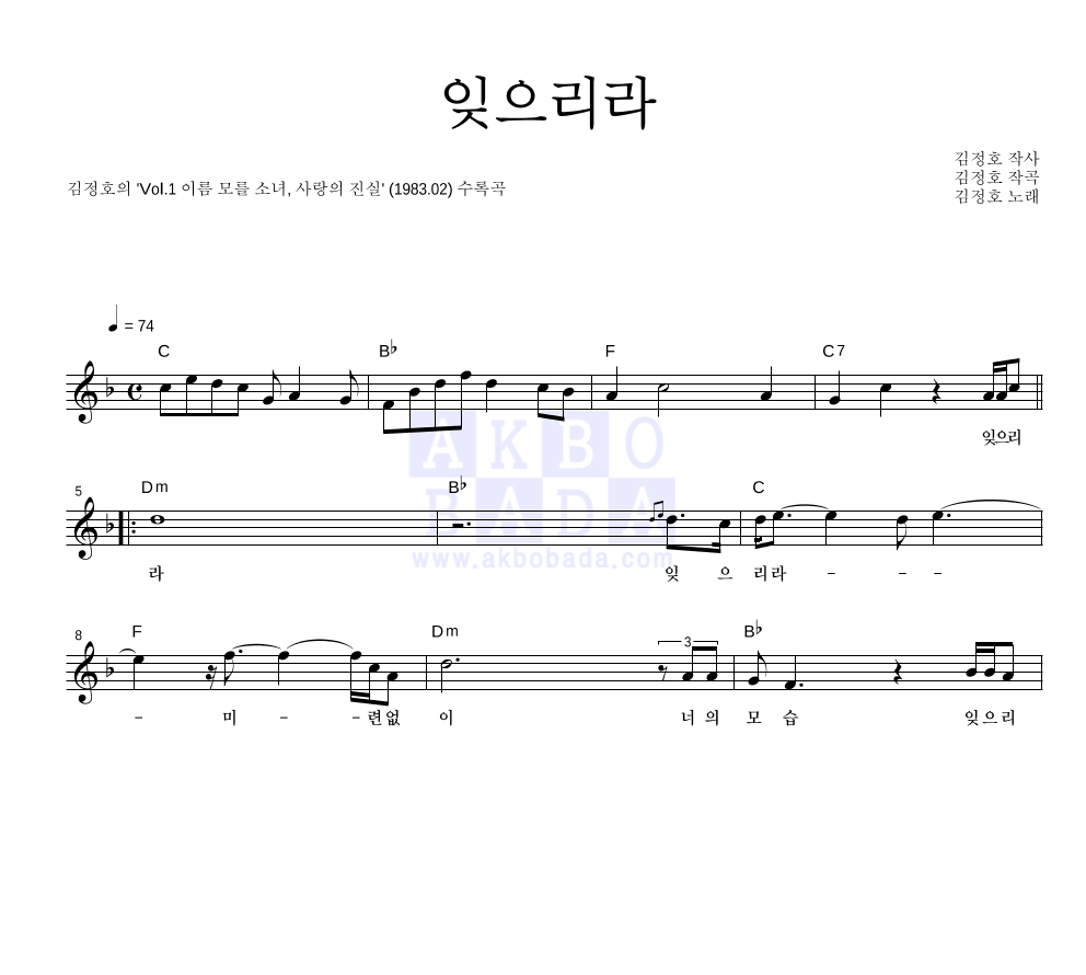 김정호 - 잊으리라 멜로디 악보 