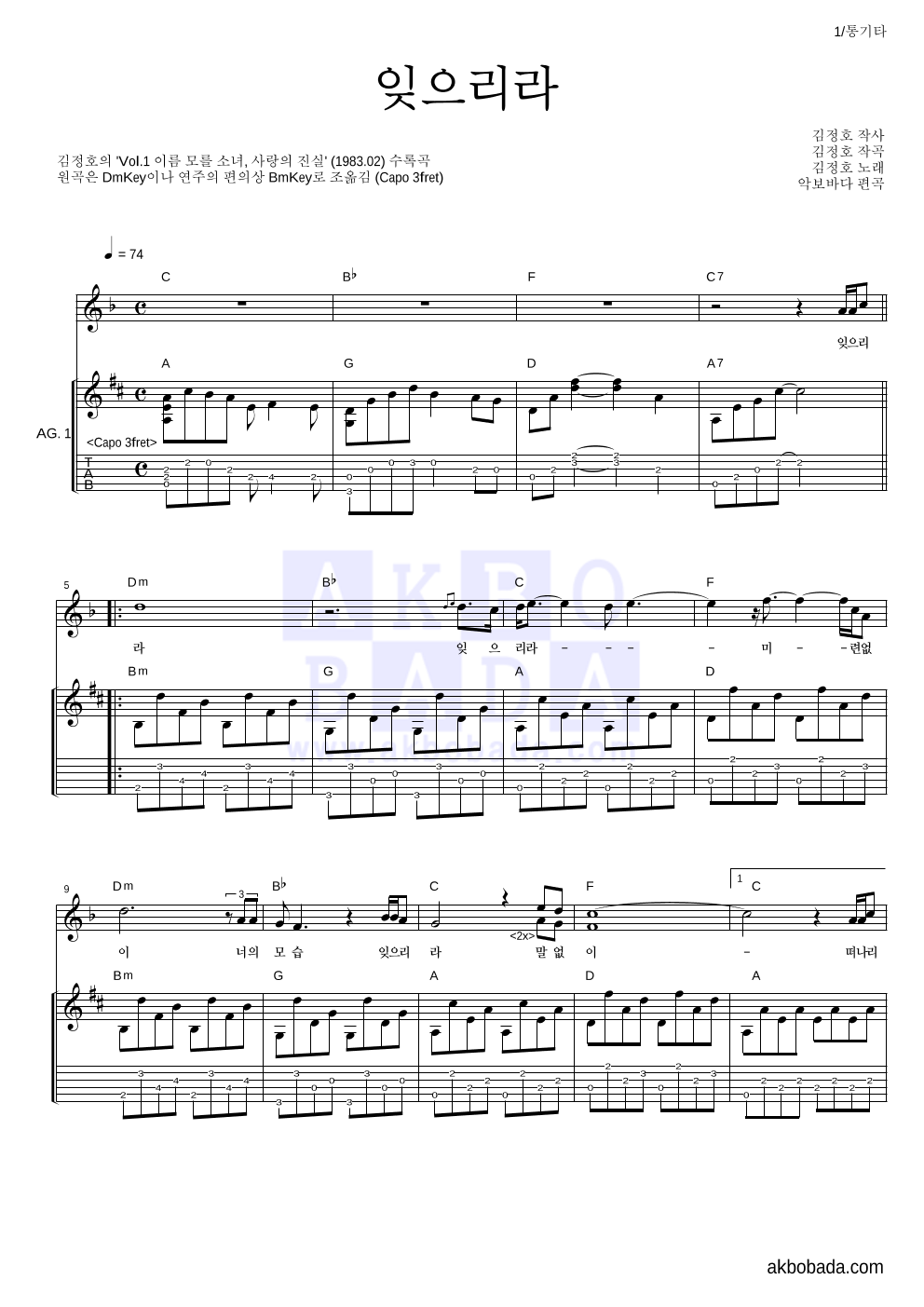 김정호 - 잊으리라 통기타 악보 
