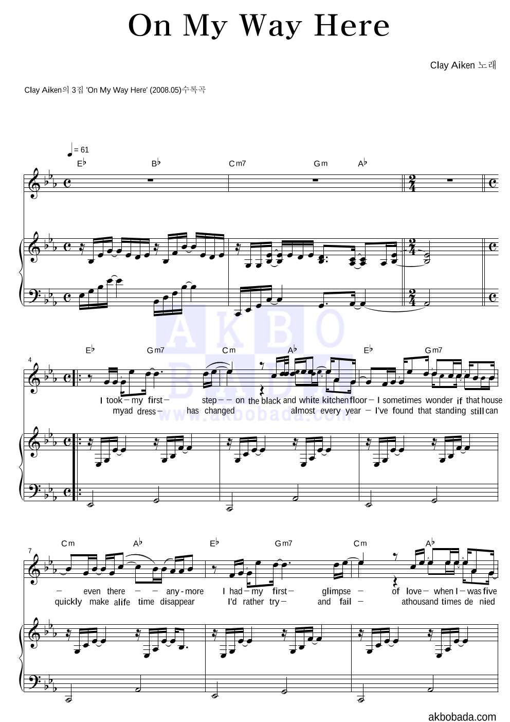 Clay Aiken - On My Way Here 피아노 3단 악보 