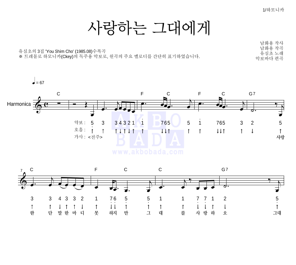 유심초 - 사랑하는 그대에게 하모니카 악보 