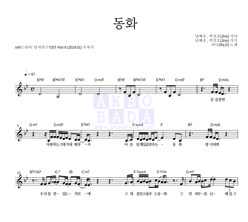라디(Ra.D) - 동화 멜로디 악보 