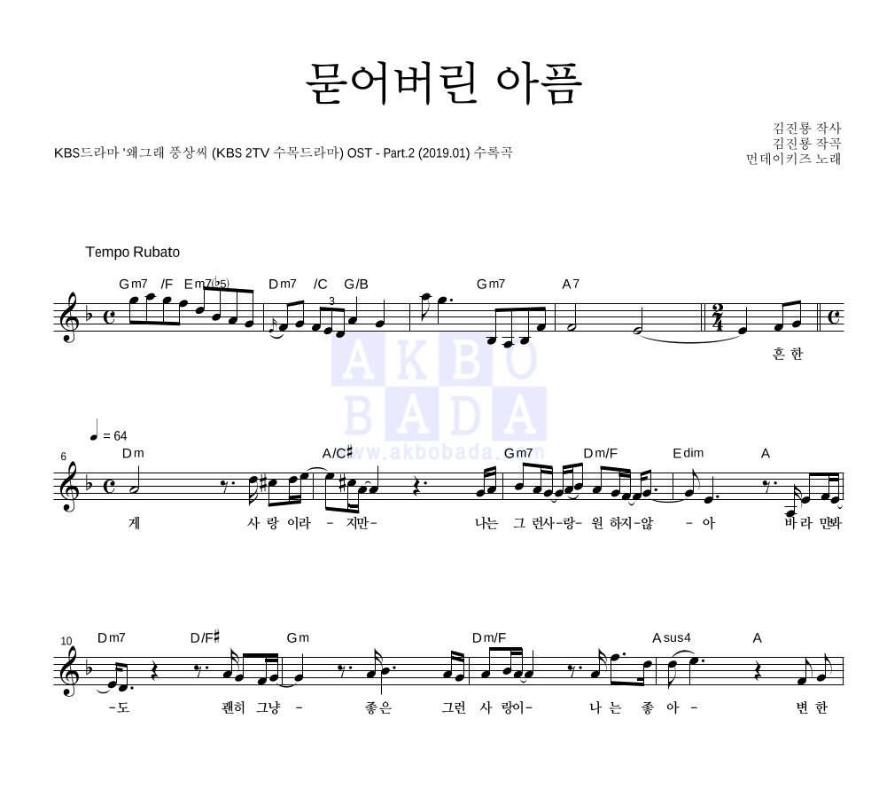 먼데이 키즈 - 묻어버린 아픔 멜로디 악보 