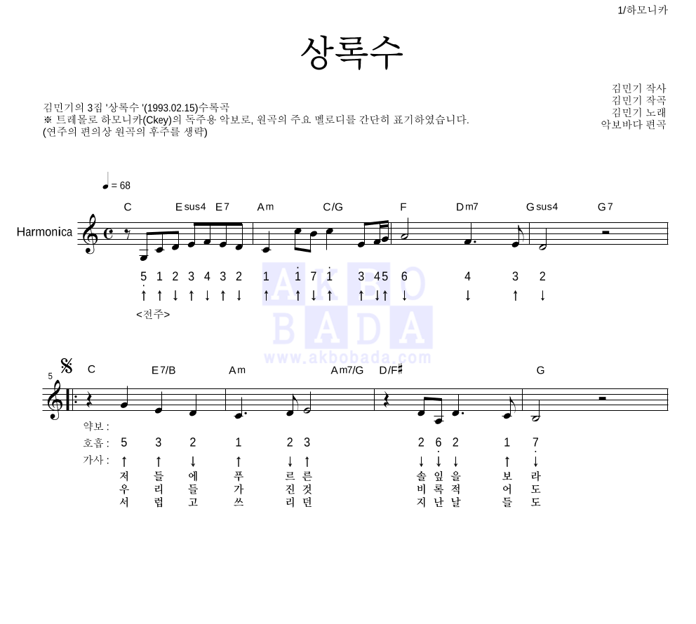 김민기 - 상록수 하모니카 악보 