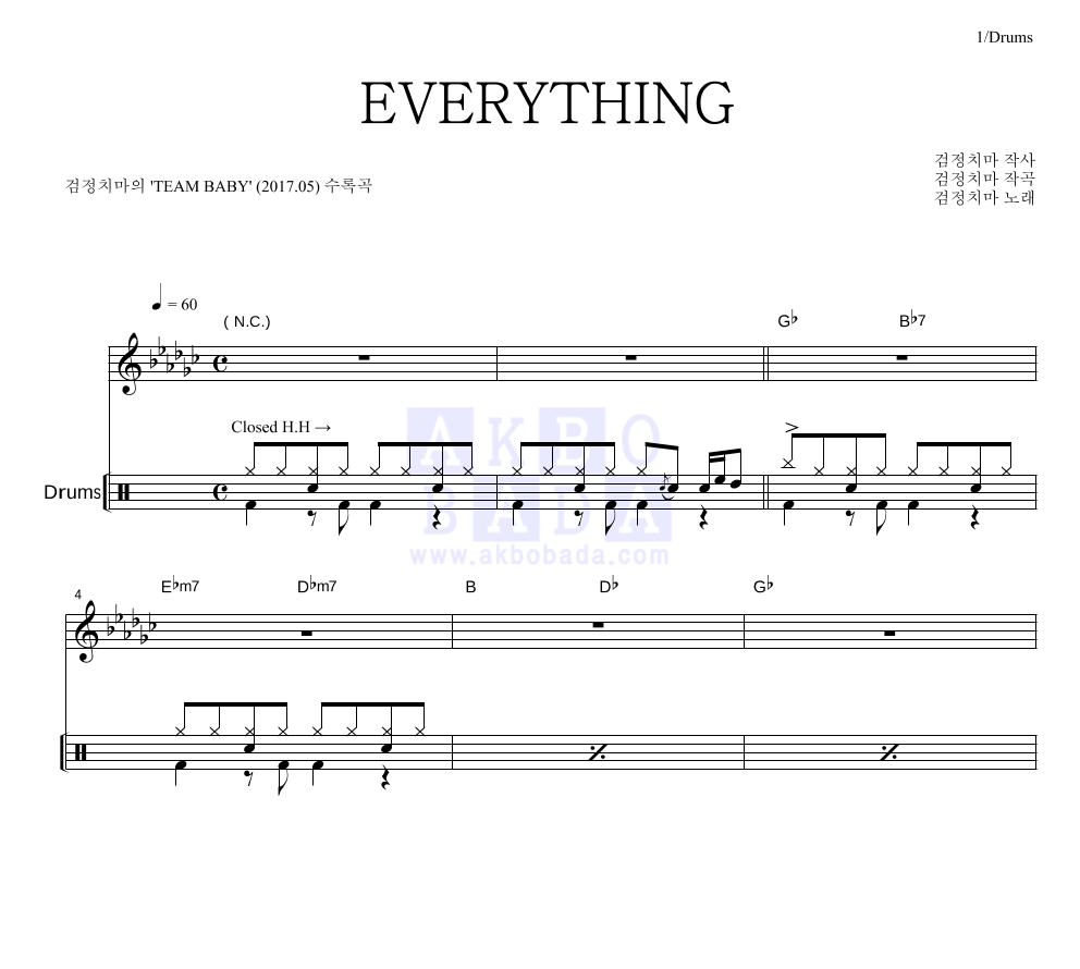 검정치마 - EVERYTHING 드럼 악보 