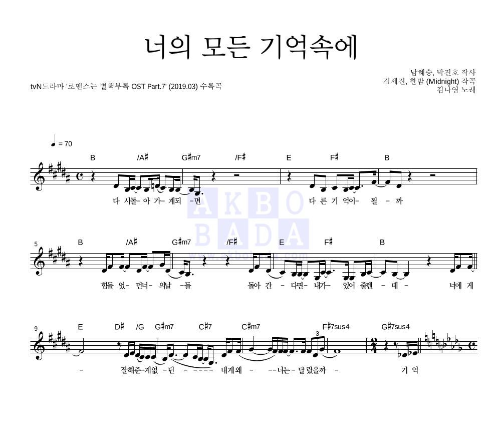 김나영 - 너의 모든 기억속에 멜로디 악보 