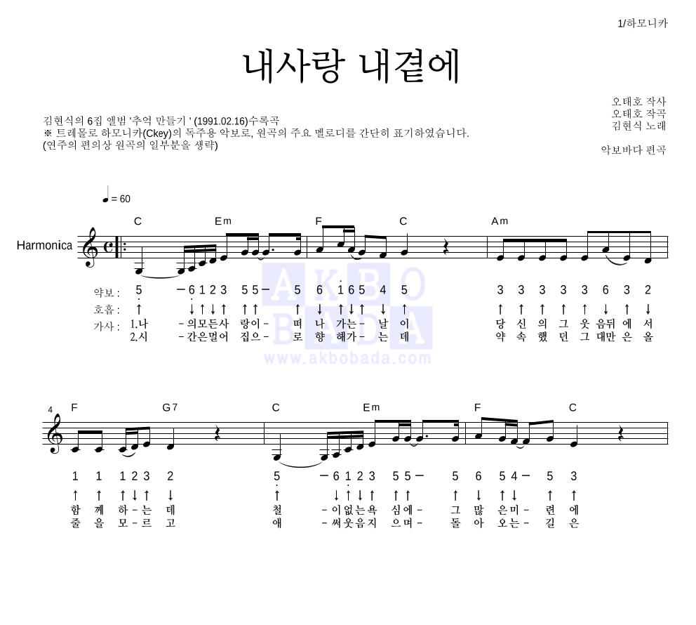 김현식 - 내사랑 내곁에 하모니카 악보 