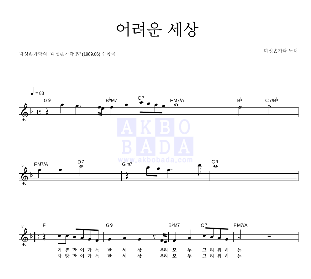 다섯손가락 - 어려운 세상 멜로디 악보 