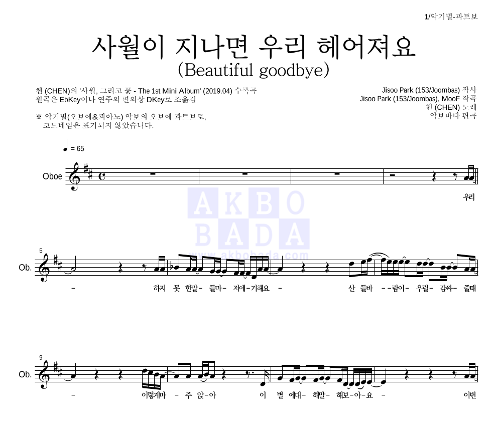 첸 - 사월이 지나면 우리 헤어져요 (Beautiful goodbye) 오보에 파트보 악보 