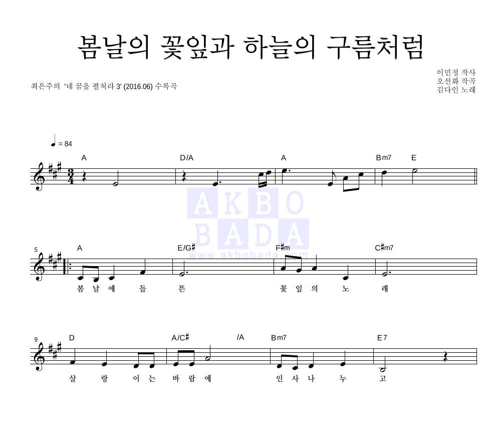 동요 - 봄날의 꽃잎과 하늘의 구름처럼 멜로디 악보 