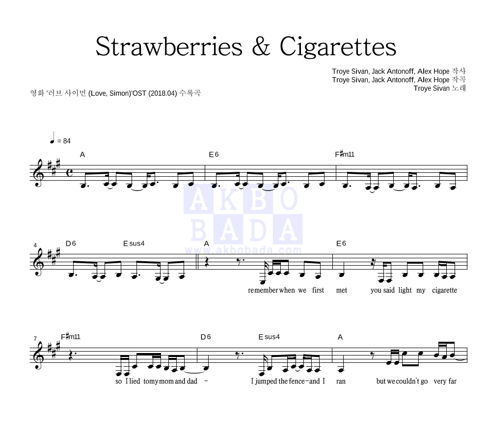 Troye Sivan - Strawberries & Cigarettes 멜로디 악보 