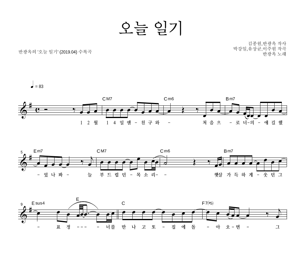 반광옥 - 오늘 일기 멜로디 악보 