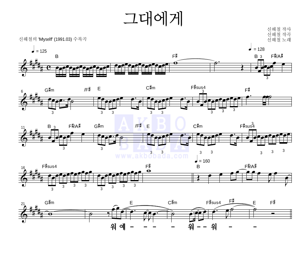 신해철 - 그대에게 멜로디 큰가사 악보 