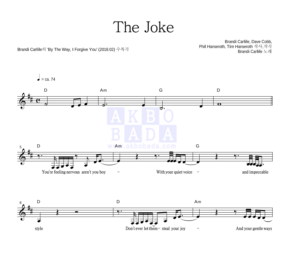 Brandi Carlile - The Joke 멜로디 악보 
