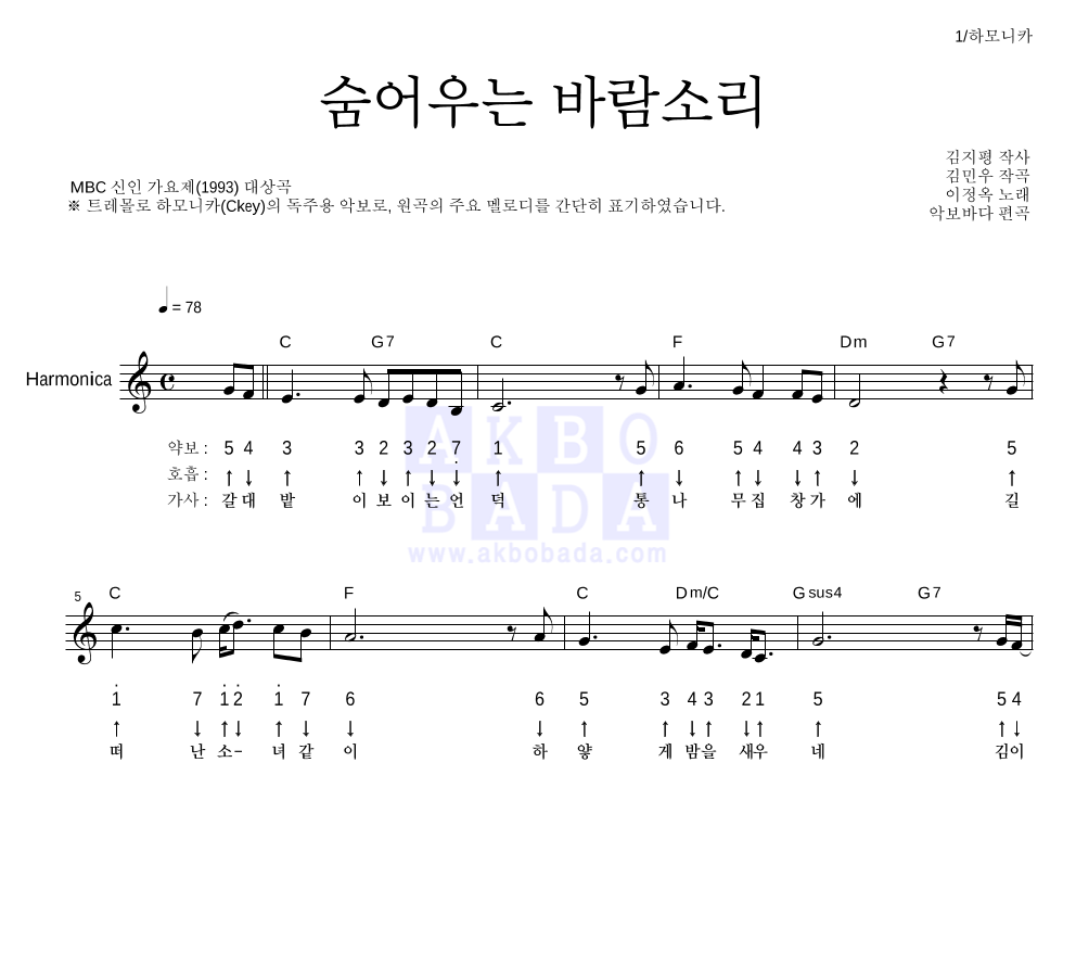 이정옥 - 숨어우는 바람소리 하모니카 악보 
