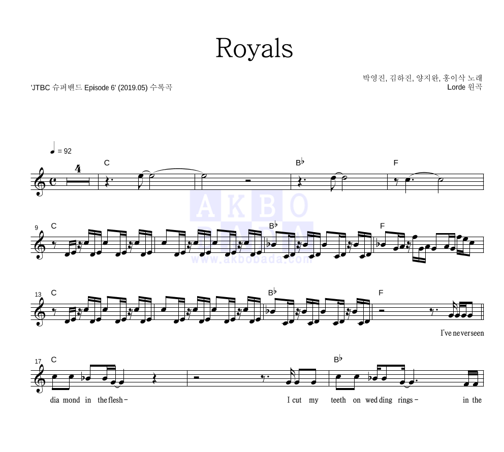 박영진(CCM),박영진,김하진,홍이삭 - Royals 멜로디 악보 