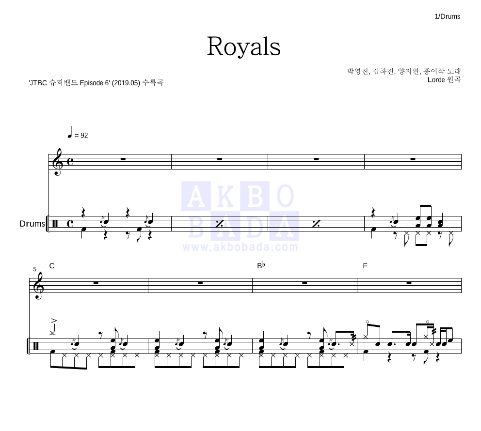 박영진(CCM),박영진,김하진,홍이삭 - Royals 드럼 악보 