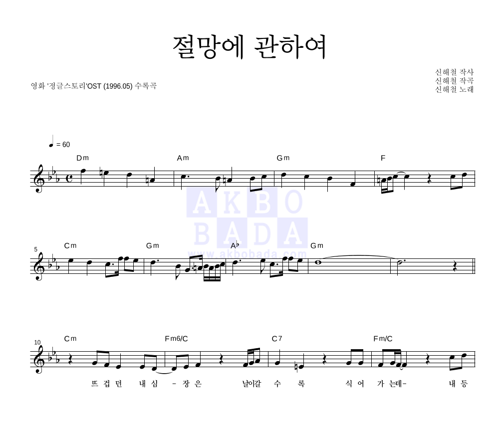 신해철 - 절망에 관하여 멜로디 악보 