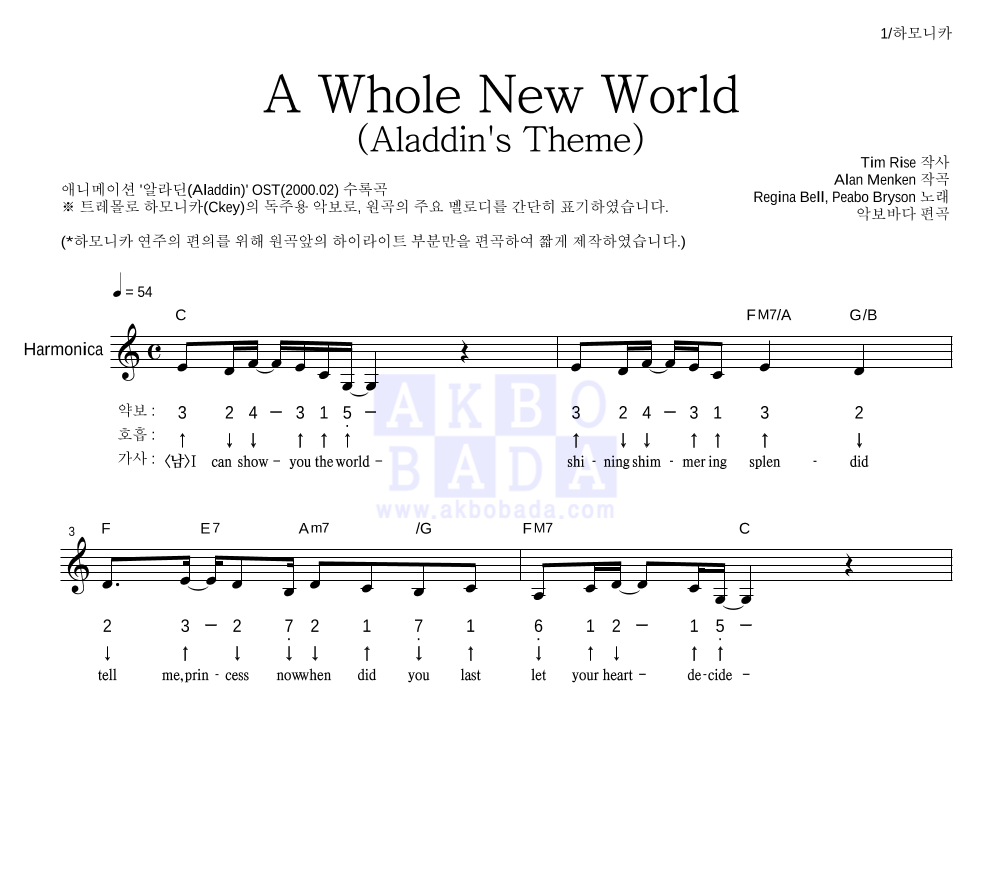 Peabo Bryson - A Whole New World 하모니카 악보 