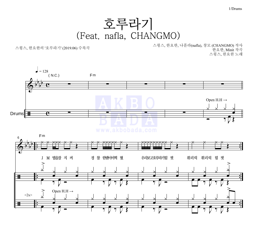 스윙스,한요한 - 호루라기 (Feat. nafla, CHANGMO) 드럼 악보 