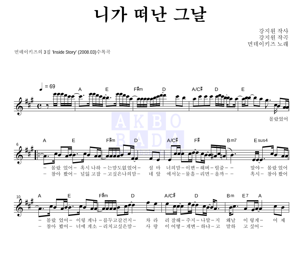 먼데이 키즈 - 니가 떠난 그날 멜로디 악보 