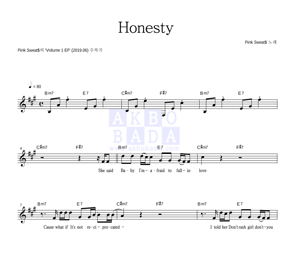 Pink Sweat$ - Honesty 멜로디 악보 