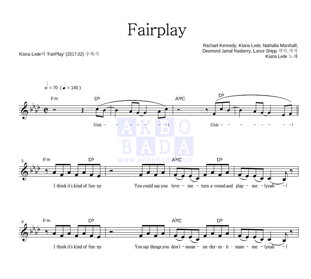 Kiana Lede - Fairplay 멜로디 악보 