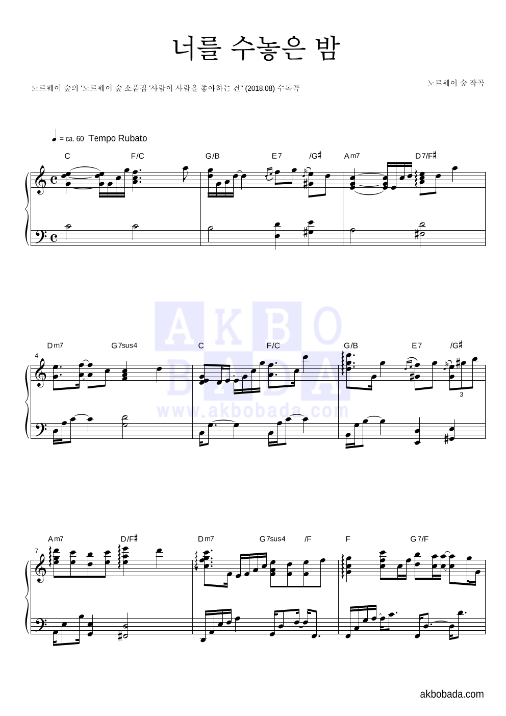 노르웨이 숲 - 너를 수놓은 밤 피아노 2단 악보 