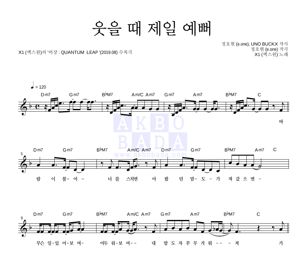 X1 (엑스원) - 웃을 때 제일 예뻐 멜로디 악보 