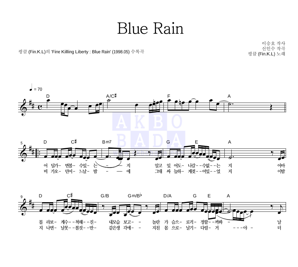 핑클 - Blue Rain 멜로디 악보 
