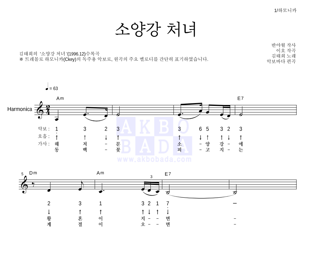 김태희 - 소양강 처녀 하모니카 악보 