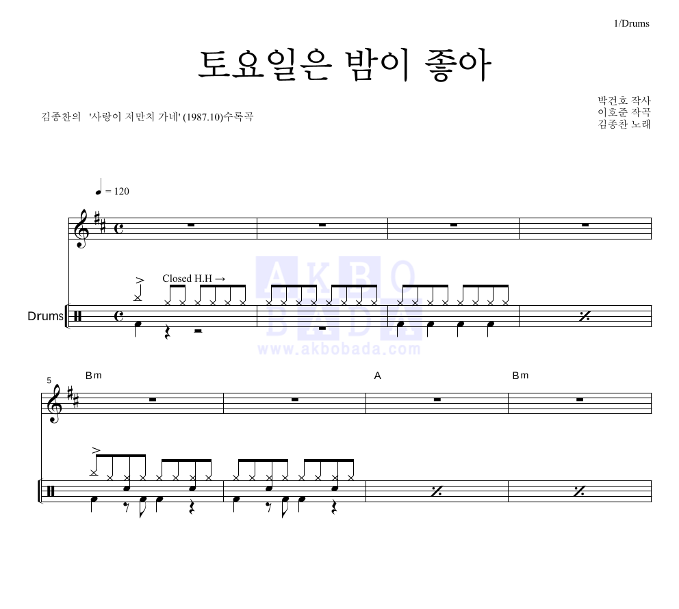 김종찬 - 토요일은 밤이 좋아 드럼 악보 