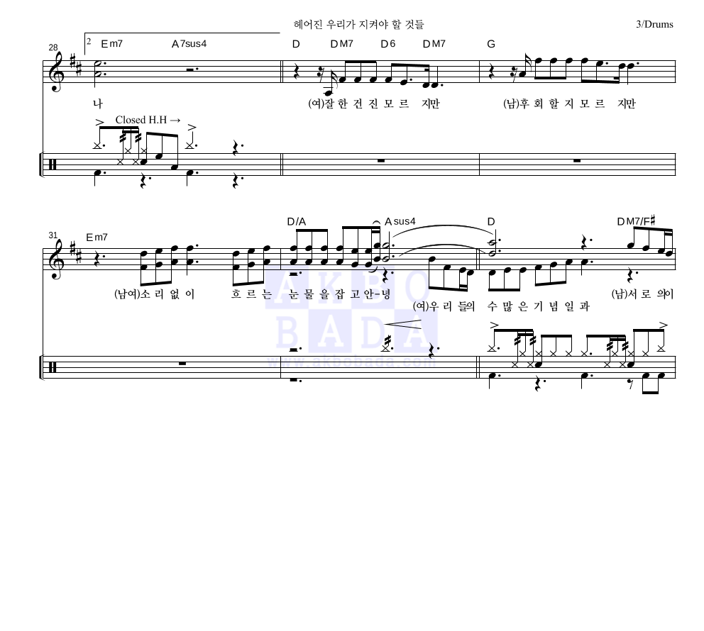 김나영,양다일 - 헤어진 우리가 지켜야 할 것들 드럼 악보 