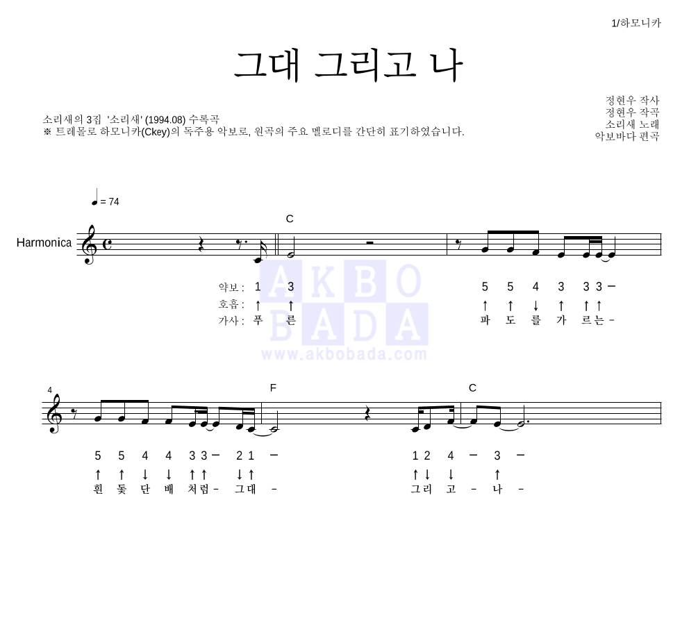 소리새 - 그대 그리고 나 하모니카 악보 