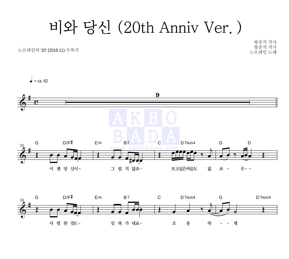 노브레인 - 비와 당신 (20th Anniv Ver.) 멜로디 악보 