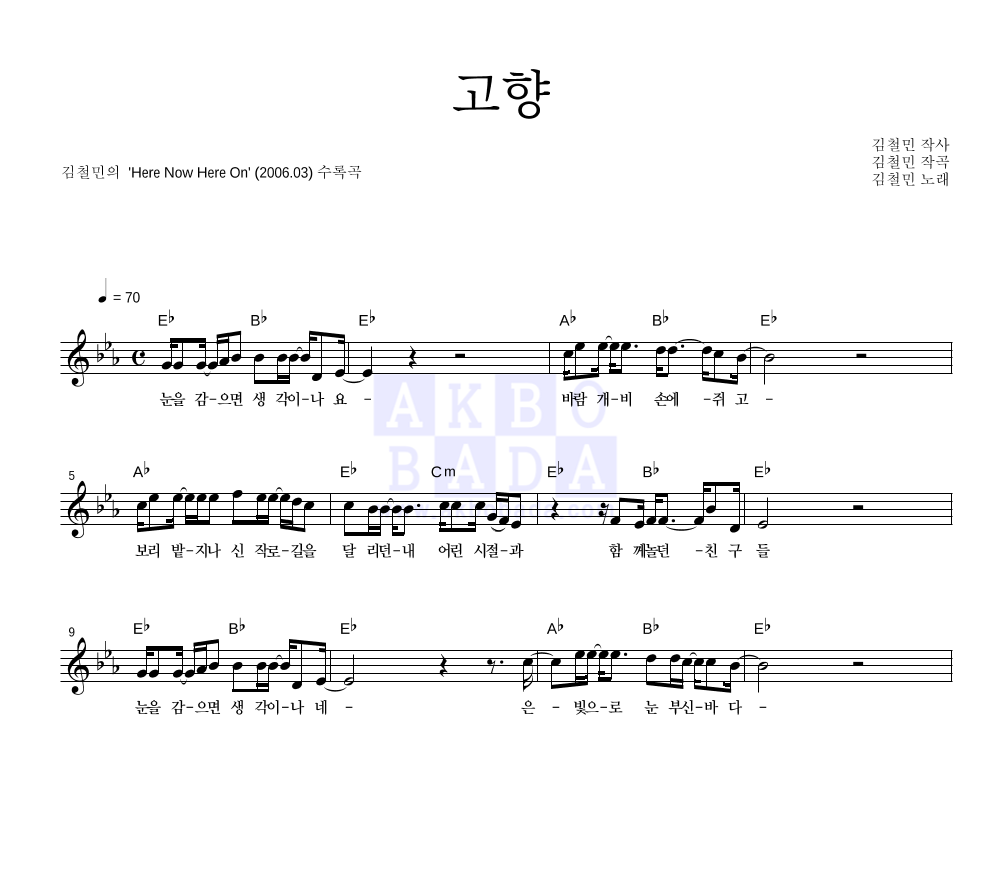 김철민 - 고향 멜로디 악보 