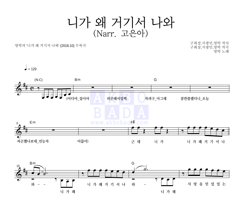 영탁 - 니가 왜 거기서 나와 (Narr. 고은아) 멜로디 악보 