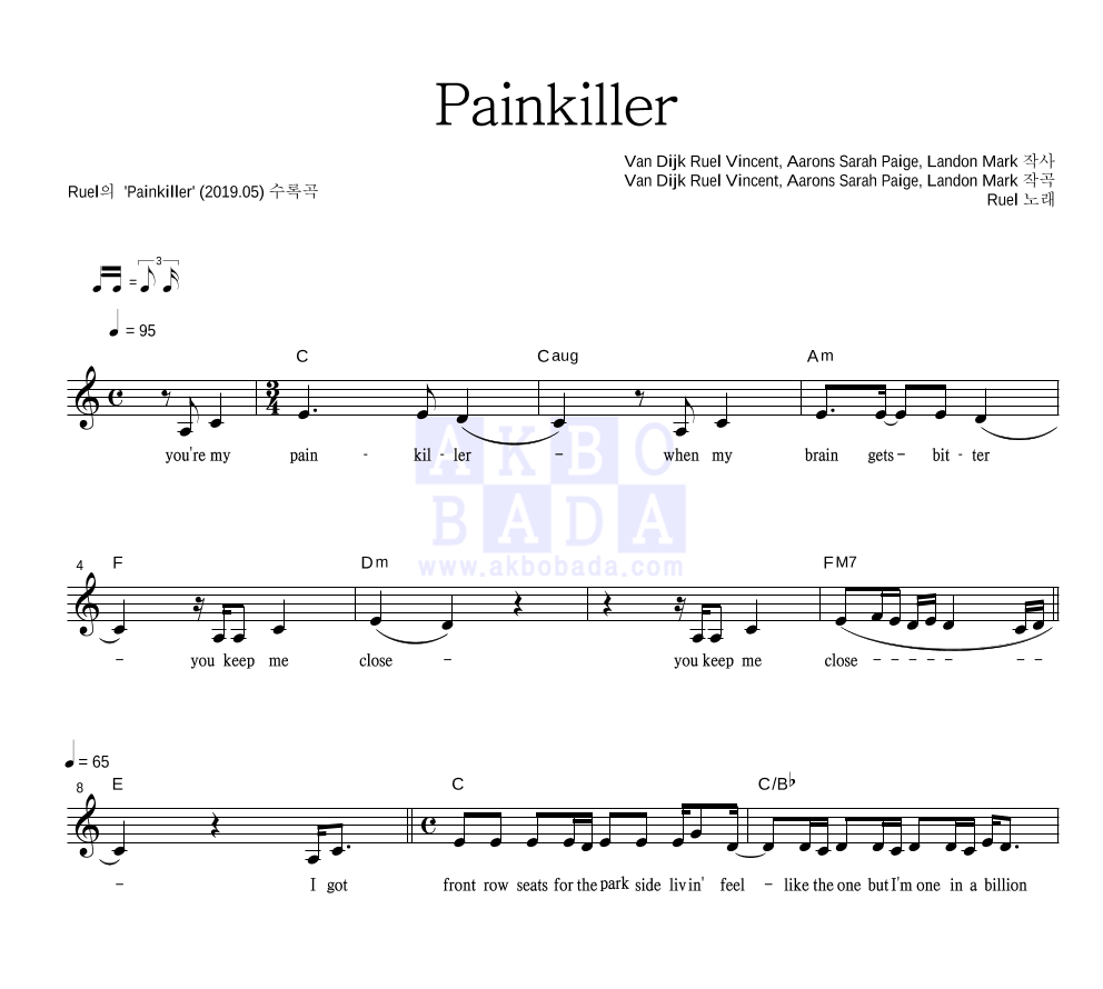 Ruel - Painkiller 멜로디 악보 