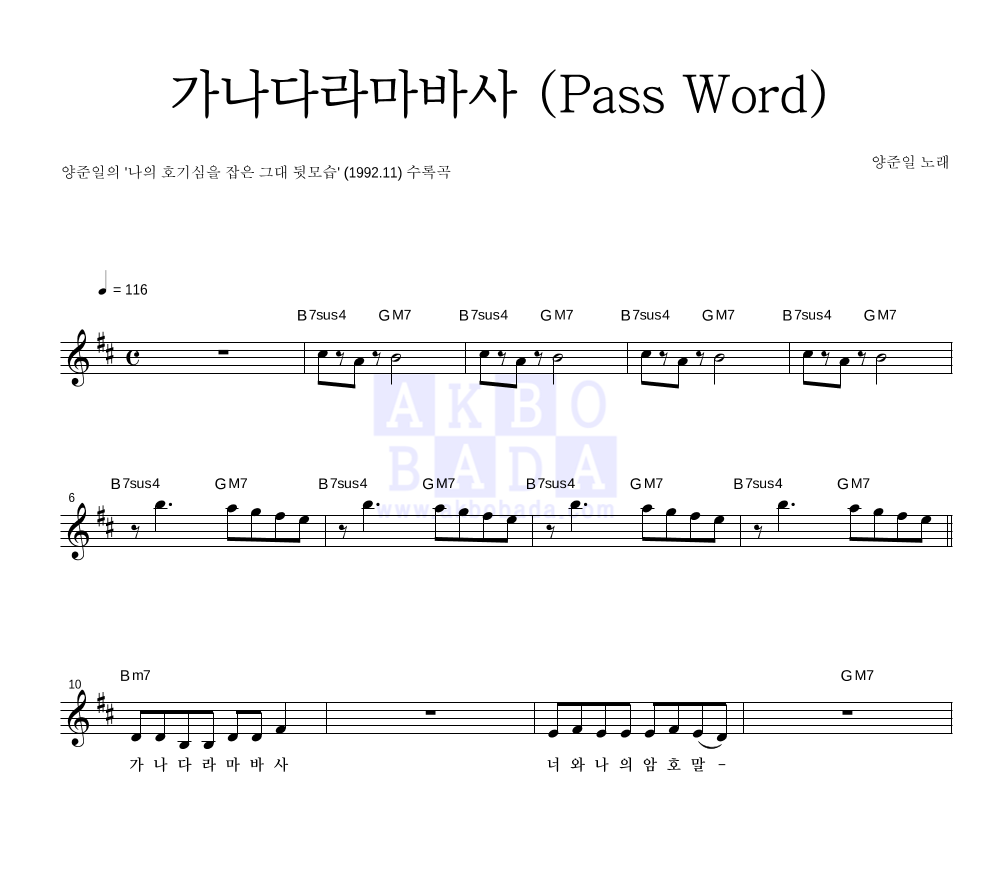 양준일 - 가나다라마바사 (Pass Word) 멜로디 악보 