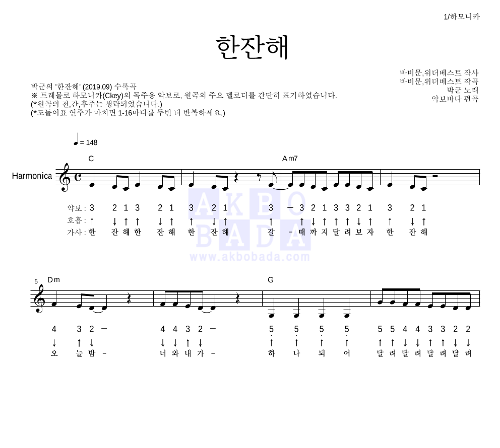 박군 - 한잔해 하모니카 악보 