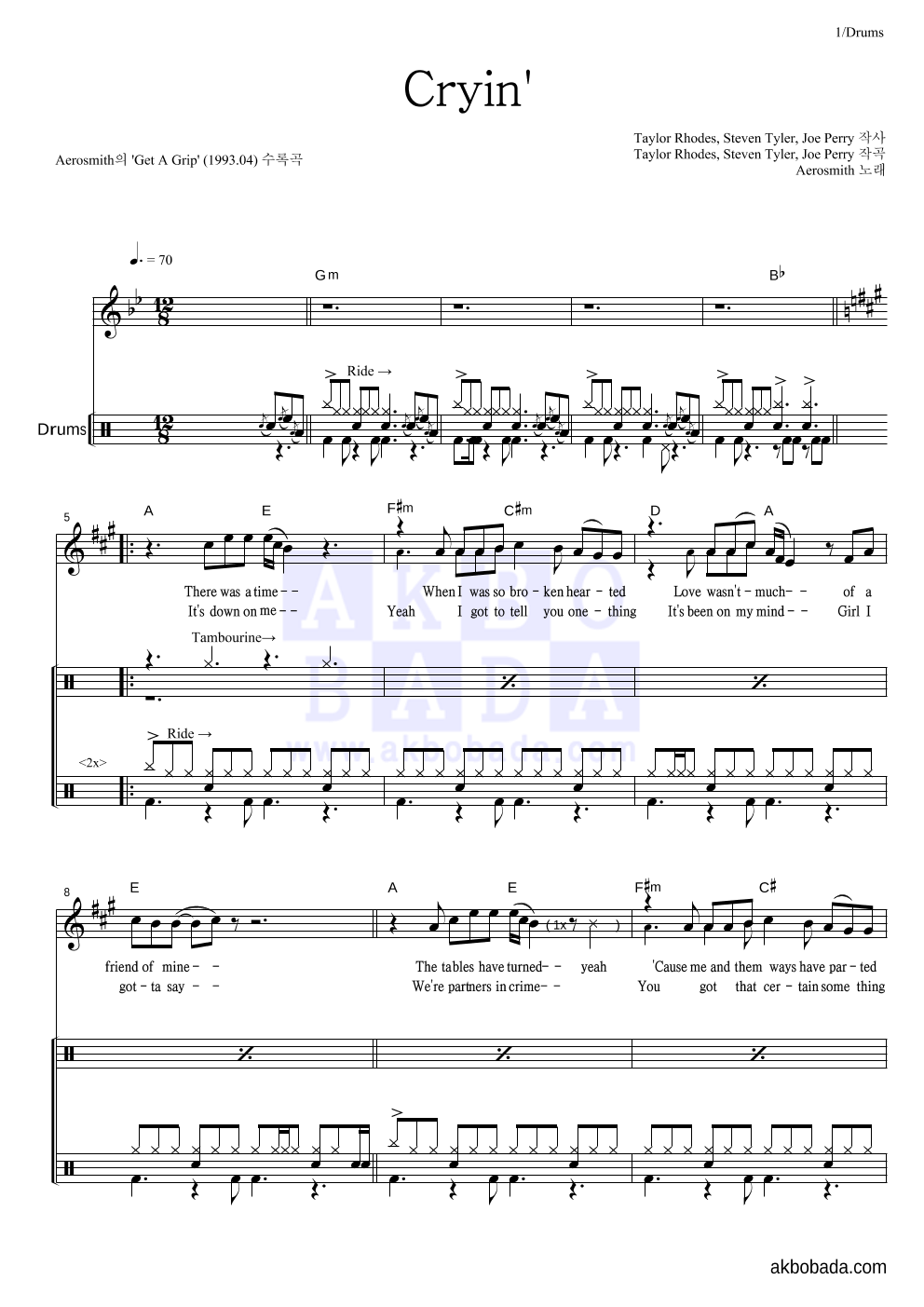 Aerosmith - Cryin' 드럼 악보 