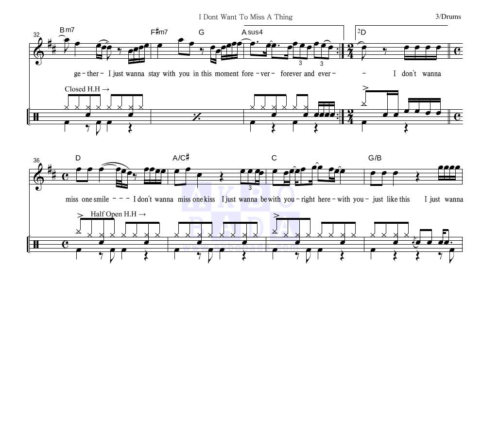 Aerosmith - I Don't Want To Miss A Thing 드럼 악보 