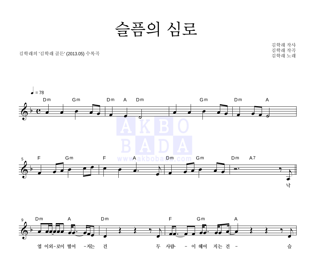 김학래 - 슬픔의 심로 멜로디 악보 