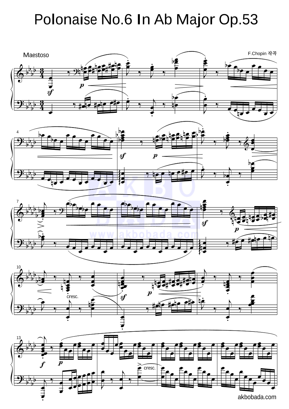쇼팽 - Polonaise No.6 In Ab Major Op.53 피아노 2단 악보 